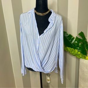 Pinstripe Hi-Lo Wrap-over Button Up Blouse